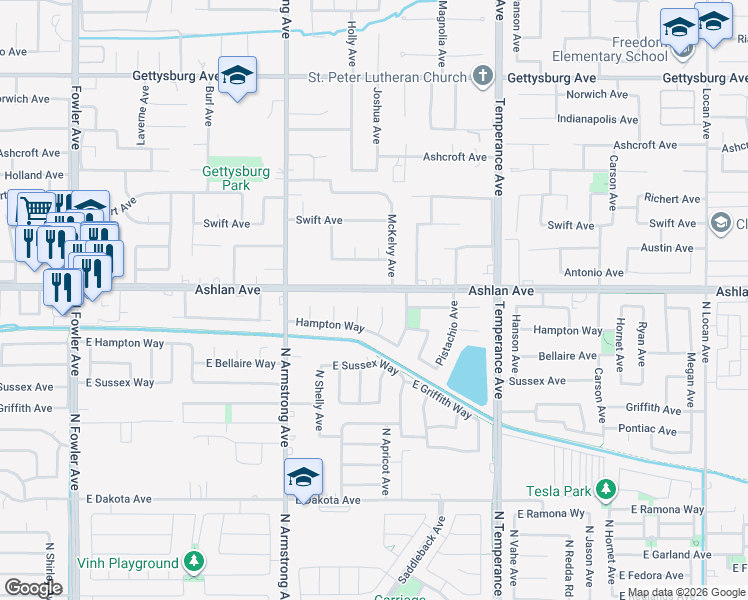 map of restaurants, bars, coffee shops, grocery stores, and more near 3201 Holly Avenue in Clovis