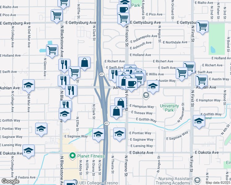 map of restaurants, bars, coffee shops, grocery stores, and more near 2412 East Ashlan Avenue in Fresno