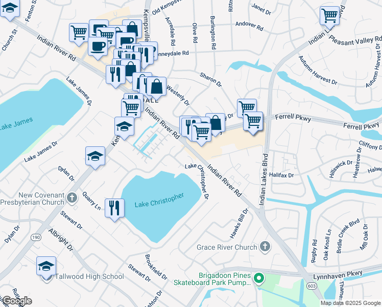 map of restaurants, bars, coffee shops, grocery stores, and more near 5112 Park Lake Court in Virginia Beach