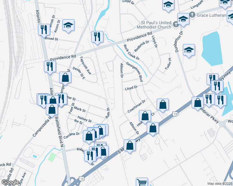 map of restaurants, bars, coffee shops, grocery stores, and more near 2134 Holly Berry Lane in Chesapeake
