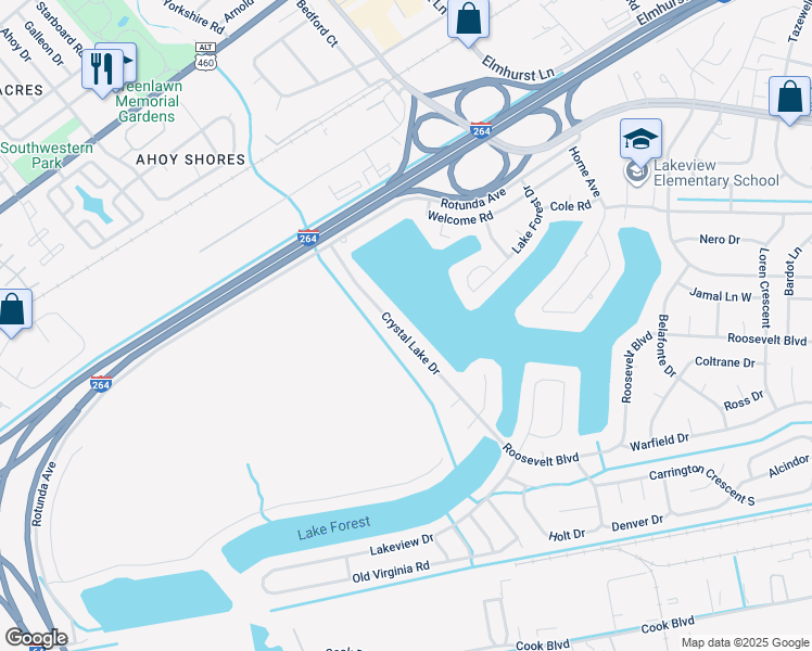 map of restaurants, bars, coffee shops, grocery stores, and more near 1560 Crystal Lake Drive in Portsmouth