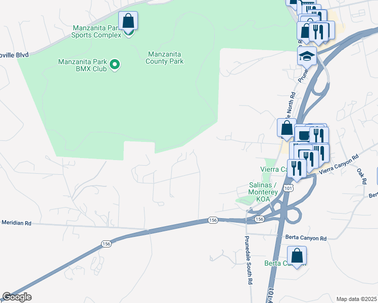 map of restaurants, bars, coffee shops, grocery stores, and more near 17169 McGuffie Road in Salinas