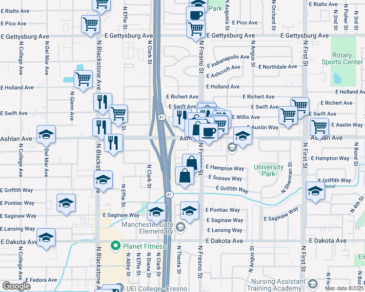 map of restaurants, bars, coffee shops, grocery stores, and more near 2330 East Ashlan Avenue in Fresno