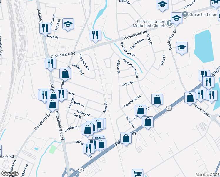 map of restaurants, bars, coffee shops, grocery stores, and more near 2134 Holly Berry Lane in Chesapeake