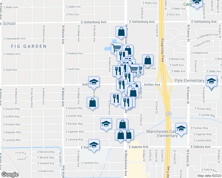 map of restaurants, bars, coffee shops, grocery stores, and more near 4165 North Glenn Avenue in Fresno