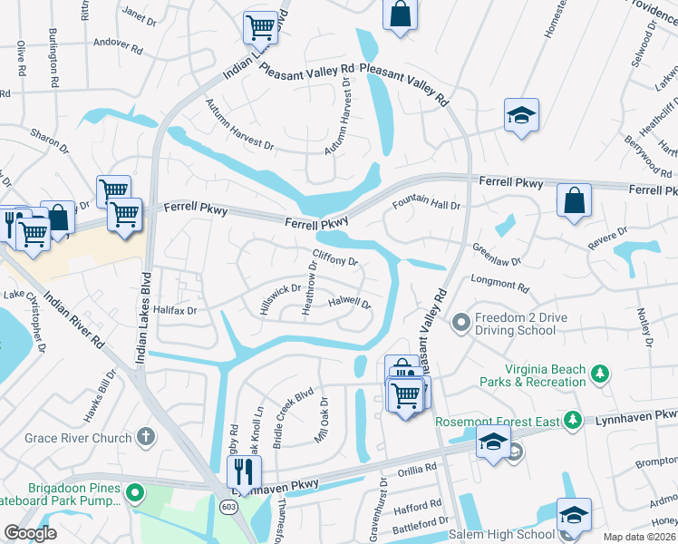 map of restaurants, bars, coffee shops, grocery stores, and more near 1513 Crawley Circle in Virginia Beach