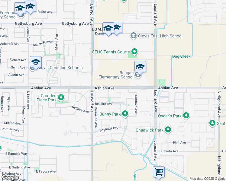 map of restaurants, bars, coffee shops, grocery stores, and more near 3521 Buckingham Avenue in Clovis