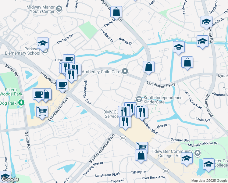 map of restaurants, bars, coffee shops, grocery stores, and more near 1505 Amberley Forest Road in Virginia Beach