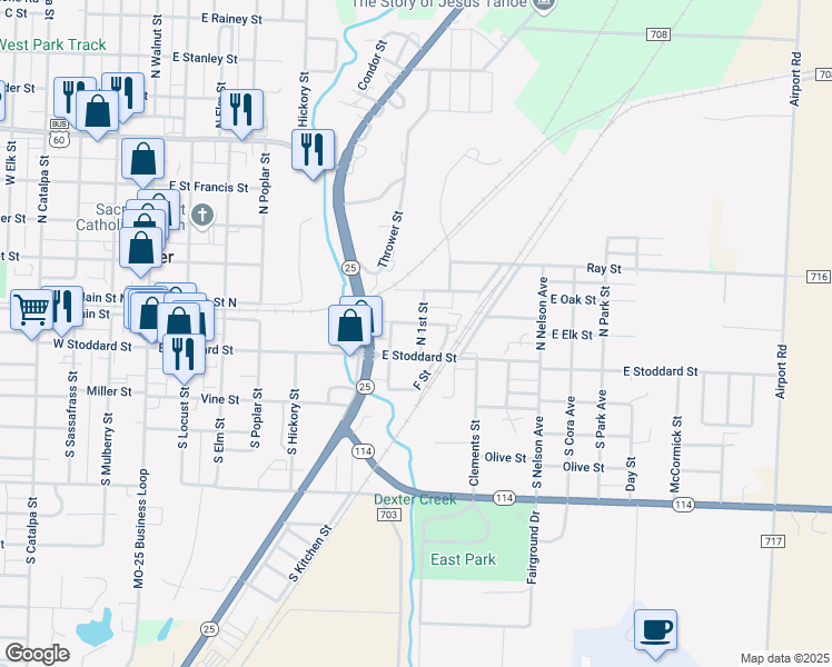 map of restaurants, bars, coffee shops, grocery stores, and more near 21 North 1st Street in Dexter