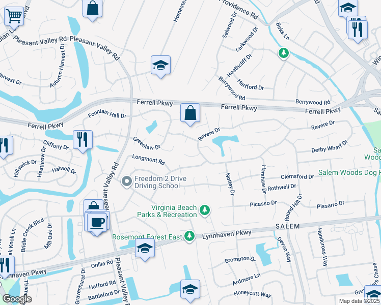 map of restaurants, bars, coffee shops, grocery stores, and more near 1512 Colbeck Court in Virginia Beach