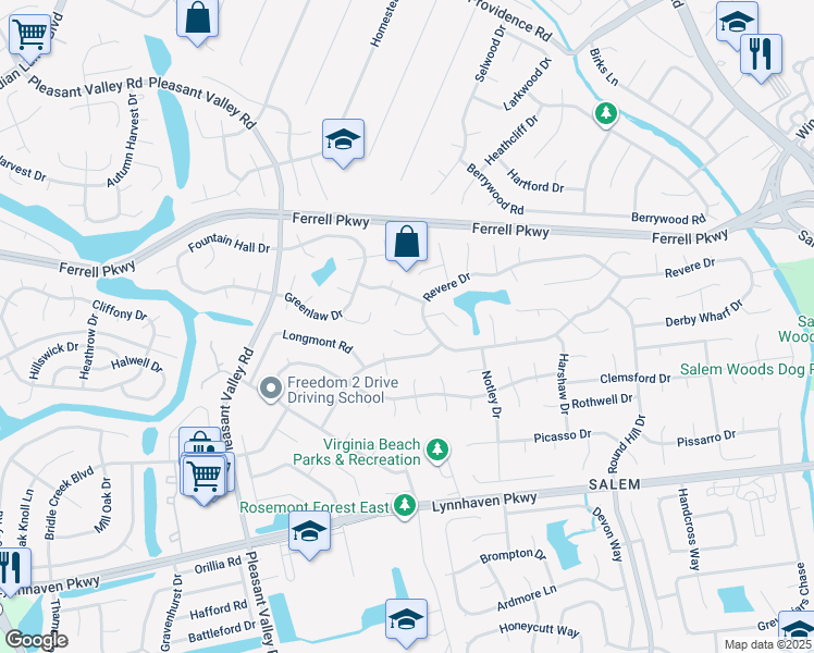 map of restaurants, bars, coffee shops, grocery stores, and more near 1512 Colbeck Court in Virginia Beach
