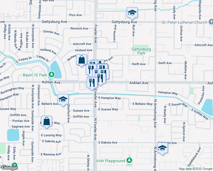 map of restaurants, bars, coffee shops, grocery stores, and more near 3216 Whittier Avenue in Clovis