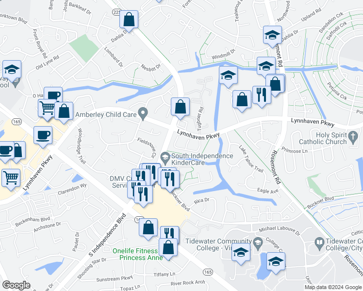 map of restaurants, bars, coffee shops, grocery stores, and more near 1607 Fairfax Drive in Virginia Beach