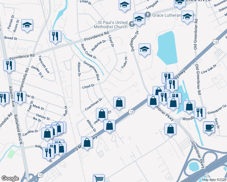 map of restaurants, bars, coffee shops, grocery stores, and more near 2105 Cherryhill Lane in Chesapeake