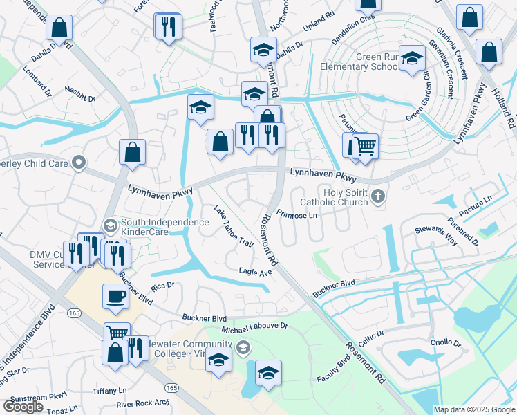 map of restaurants, bars, coffee shops, grocery stores, and more near 1505 Garland Way in Virginia Beach
