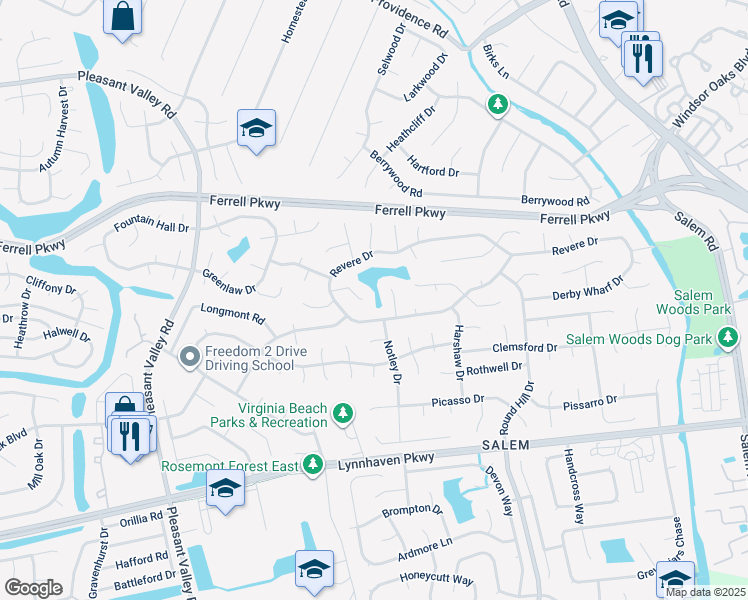 map of restaurants, bars, coffee shops, grocery stores, and more near 1400 Tapscott Court in Virginia Beach