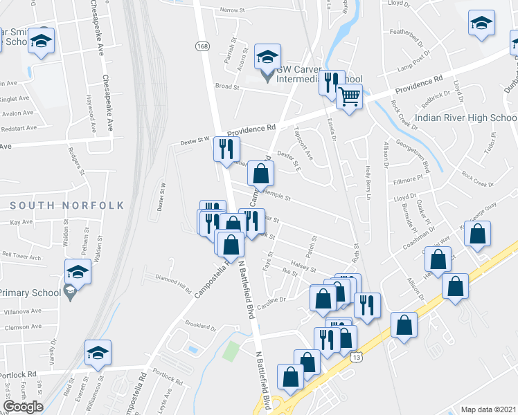 map of restaurants, bars, coffee shops, grocery stores, and more near 2133 Campostella Road in Chesapeake