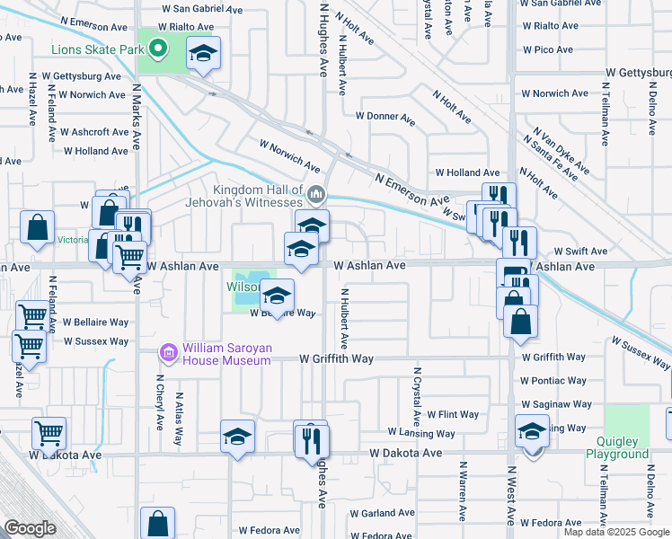 map of restaurants, bars, coffee shops, grocery stores, and more near 2035 West Ashlan Avenue in Fresno