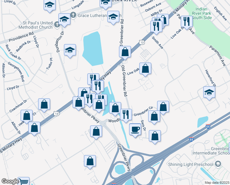 map of restaurants, bars, coffee shops, grocery stores, and more near 2010 Old Greenbrier Road in Chesapeake