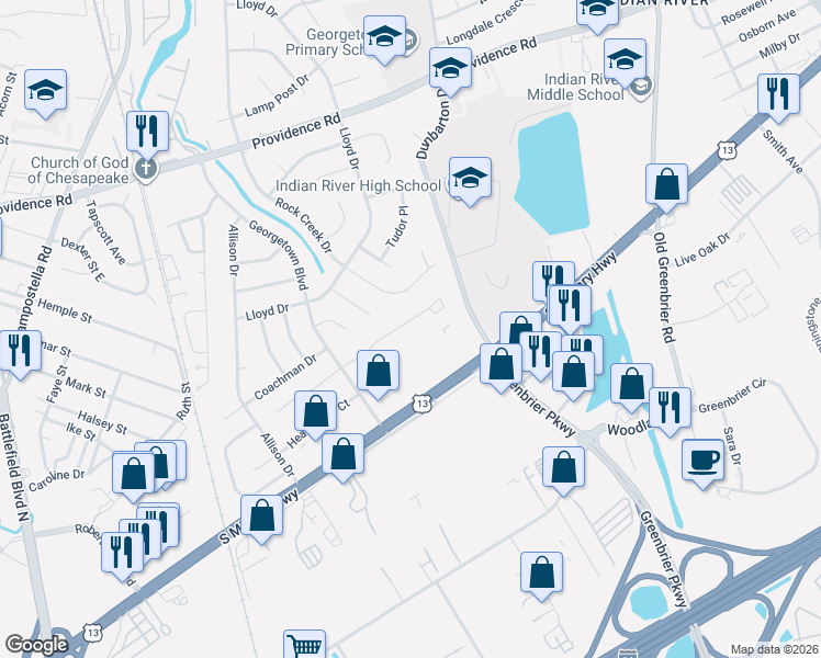 map of restaurants, bars, coffee shops, grocery stores, and more near 55 King George Quay in Chesapeake