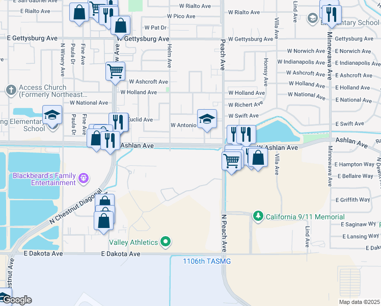 map of restaurants, bars, coffee shops, grocery stores, and more near 5138 East Ashlan Avenue in Fresno