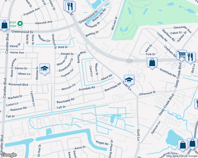 map of restaurants, bars, coffee shops, grocery stores, and more near 157 Allard Road in Portsmouth