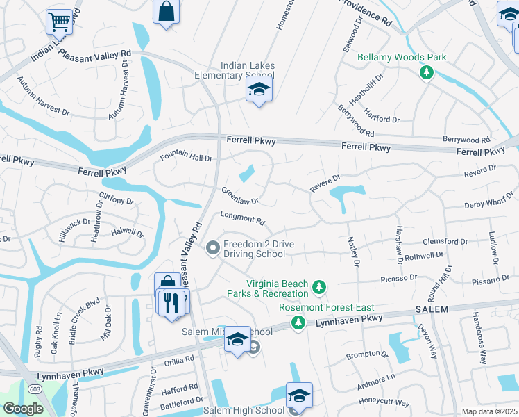 map of restaurants, bars, coffee shops, grocery stores, and more near 4647 Glanmire Dr in Virginia Beach