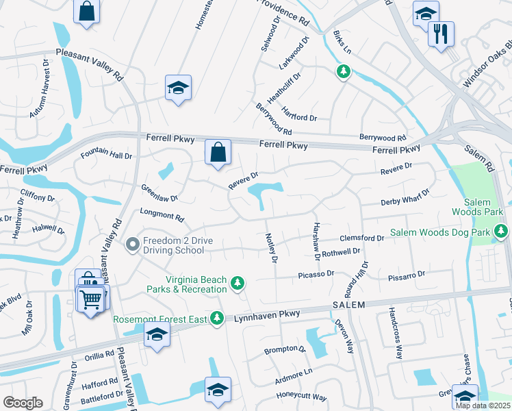 map of restaurants, bars, coffee shops, grocery stores, and more near 1400 Tapscott Court in Virginia Beach