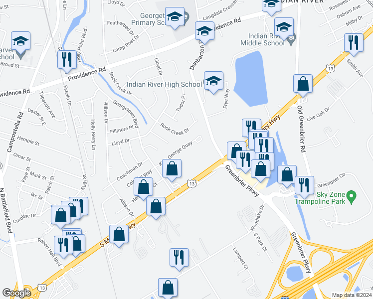 map of restaurants, bars, coffee shops, grocery stores, and more near 67 King George Quay in Chesapeake