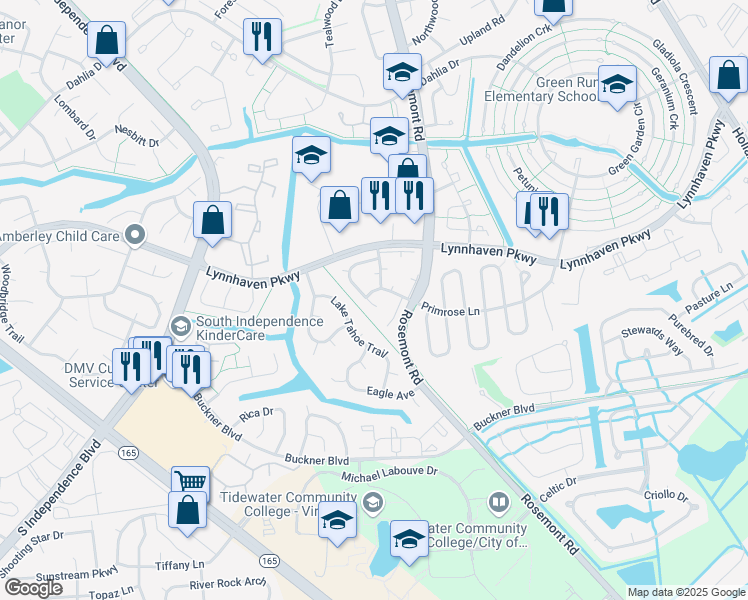 map of restaurants, bars, coffee shops, grocery stores, and more near 3621 Harbinger Road in Virginia Beach