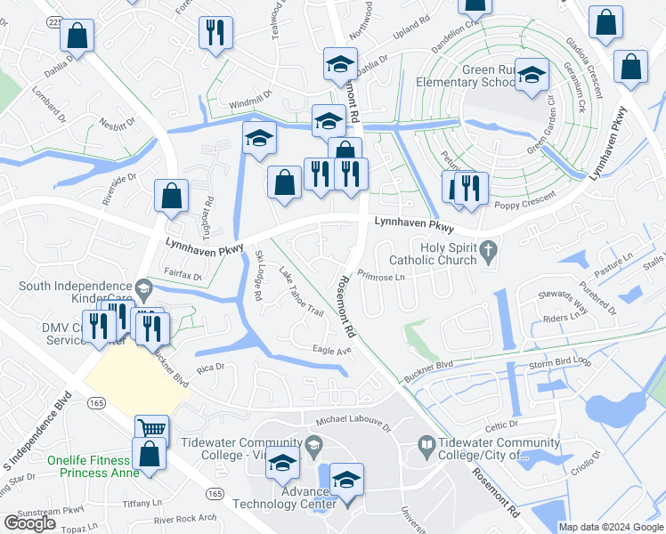 map of restaurants, bars, coffee shops, grocery stores, and more near 1505 Garland Way in Virginia Beach