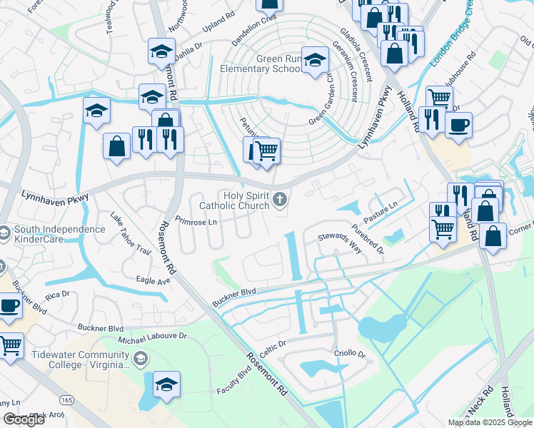 map of restaurants, bars, coffee shops, grocery stores, and more near 1435 Pecan Court in Virginia Beach
