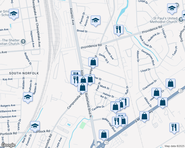 map of restaurants, bars, coffee shops, grocery stores, and more near 2133 Campostella Road in Chesapeake