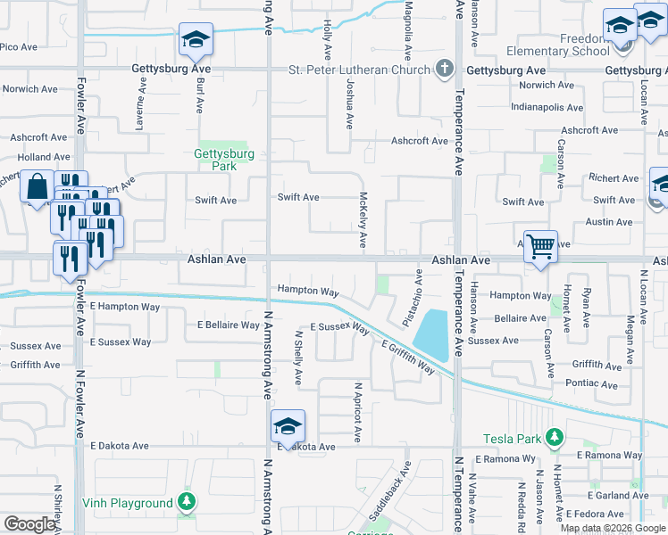 map of restaurants, bars, coffee shops, grocery stores, and more near 3201 Holly Avenue in Clovis