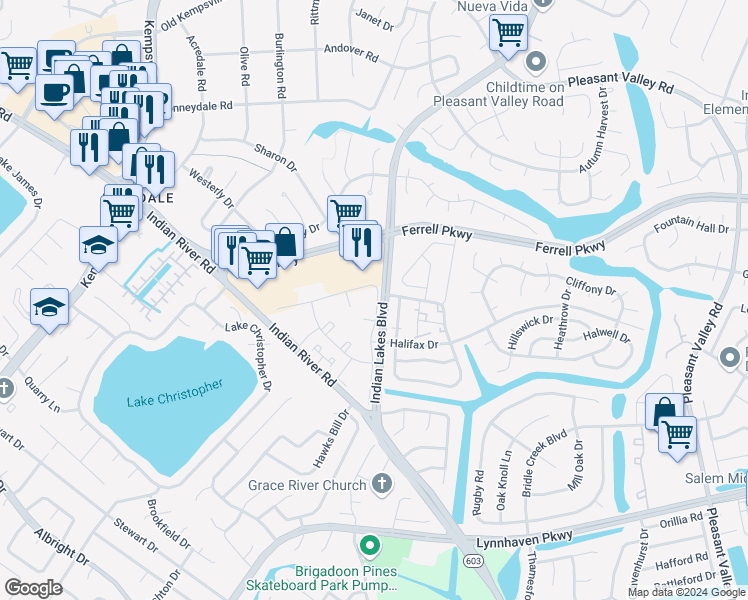 map of restaurants, bars, coffee shops, grocery stores, and more near 1571 Hiawatha Drive in Virginia Beach