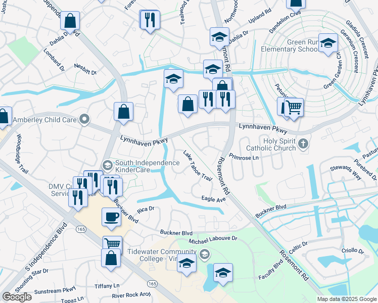 map of restaurants, bars, coffee shops, grocery stores, and more near 3784 Lake Tahoe Trail in Virginia Beach