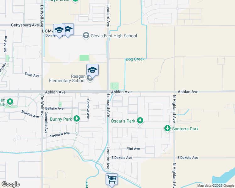 map of restaurants, bars, coffee shops, grocery stores, and more near 3843 Buckingham Avenue in Clovis