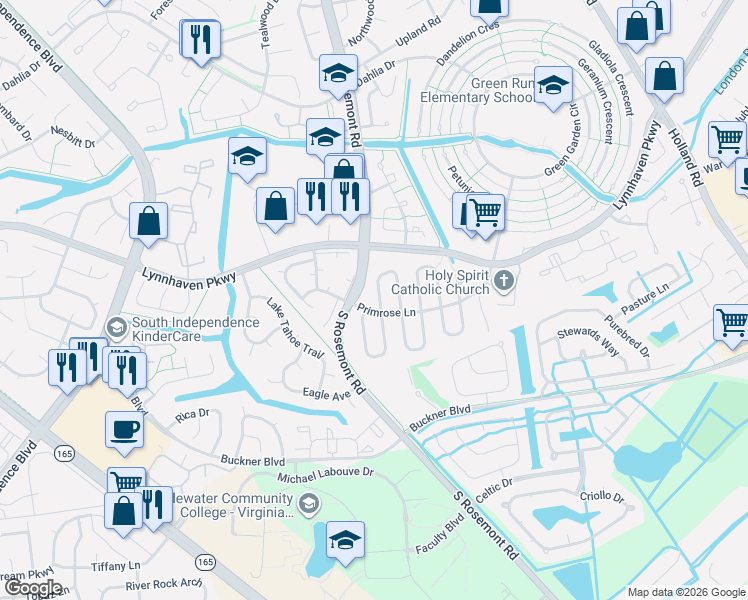 map of restaurants, bars, coffee shops, grocery stores, and more near 1461 Ponderosa Arch in Virginia Beach