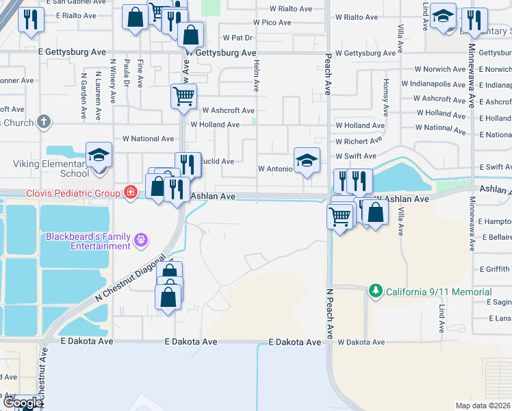 map of restaurants, bars, coffee shops, grocery stores, and more near 5098 East Ashlan Avenue in Fresno
