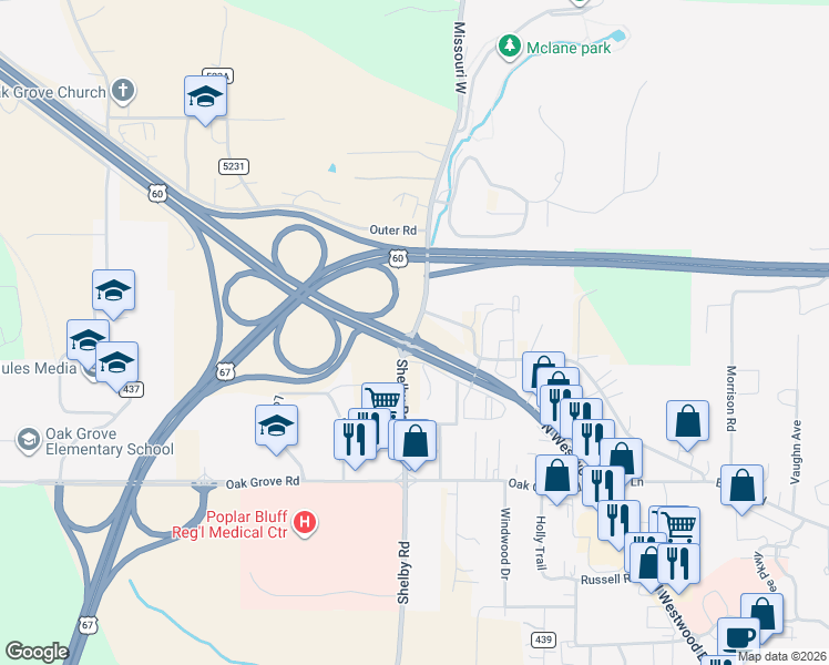 map of restaurants, bars, coffee shops, grocery stores, and more near 38 Missouri W in Poplar Bluff