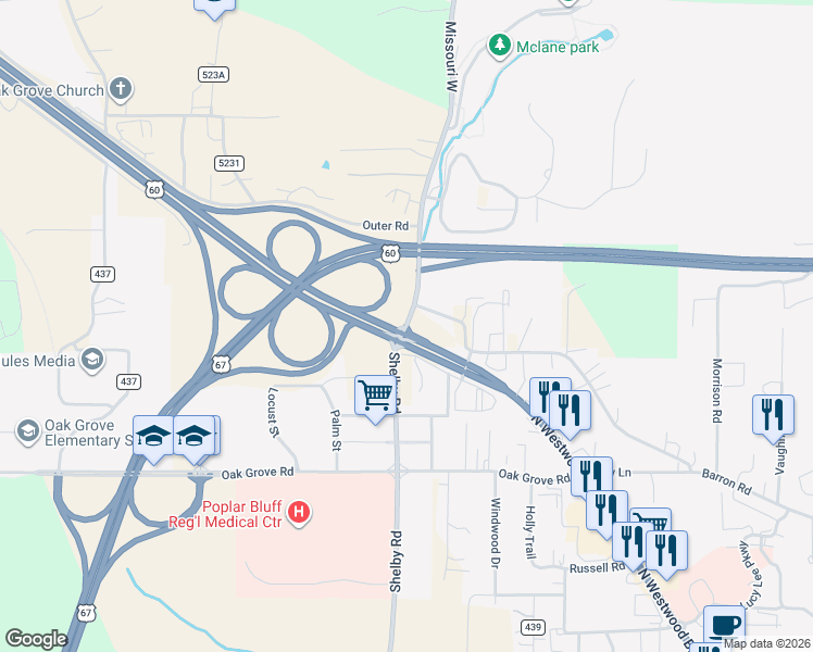 map of restaurants, bars, coffee shops, grocery stores, and more near 38 Missouri W in Poplar Bluff