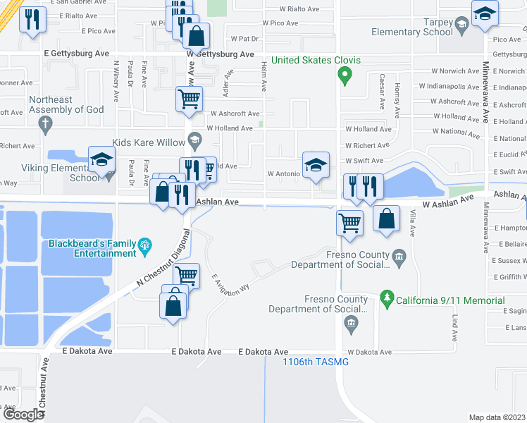 map of restaurants, bars, coffee shops, grocery stores, and more near 5098 East Ashlan Avenue in Fresno