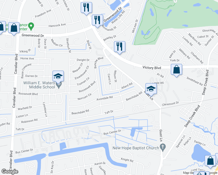 map of restaurants, bars, coffee shops, grocery stores, and more near 124 Carol Lane in Portsmouth