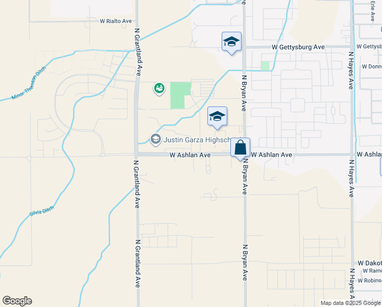 map of restaurants, bars, coffee shops, grocery stores, and more near 6852 West Ashlan Avenue in Fresno
