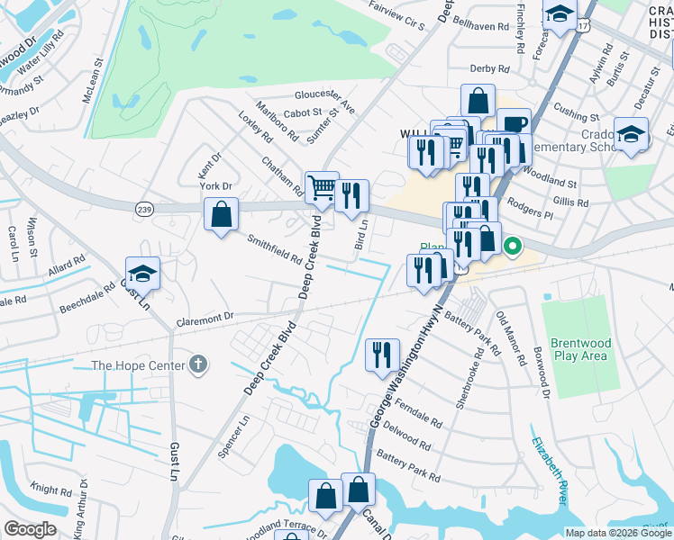 map of restaurants, bars, coffee shops, grocery stores, and more near 2535-2595 Bird Lane in Portsmouth