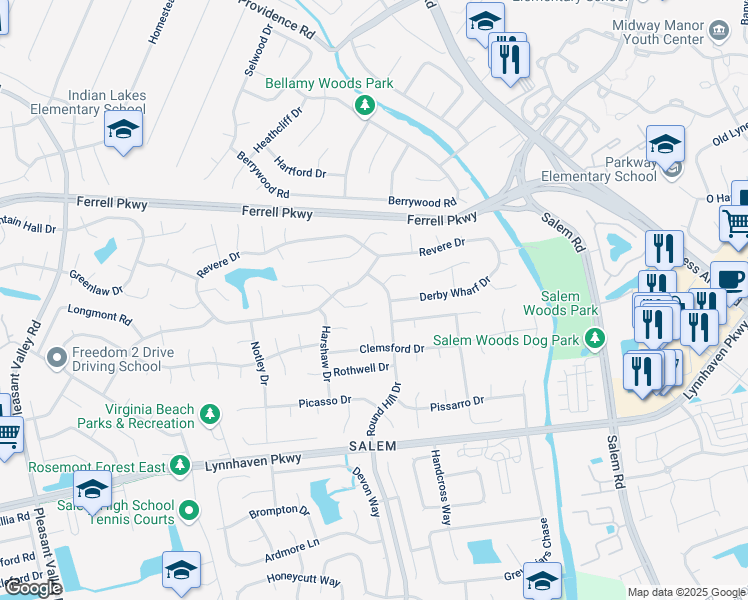 map of restaurants, bars, coffee shops, grocery stores, and more near 1616 Emmerton Court in Virginia Beach