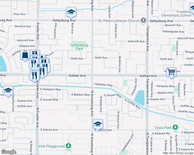 map of restaurants, bars, coffee shops, grocery stores, and more near 3211 Armstrong Avenue in Clovis