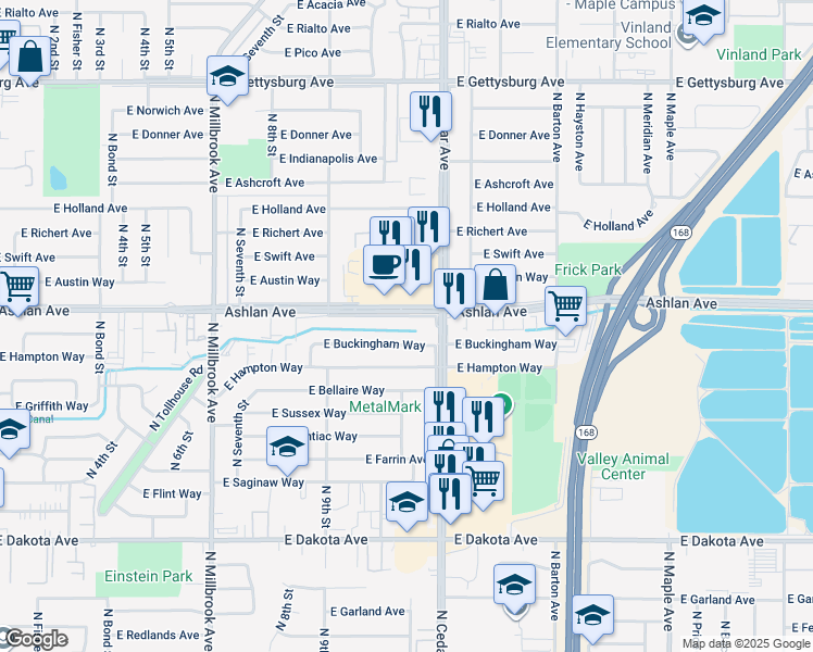 map of restaurants, bars, coffee shops, grocery stores, and more near 4140 East Ashlan Avenue in Fresno