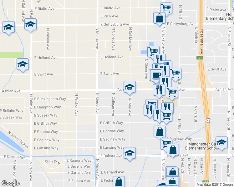 map of restaurants, bars, coffee shops, grocery stores, and more near 1049 East Buckingham Way in Fresno