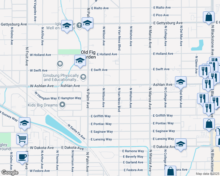 map of restaurants, bars, coffee shops, grocery stores, and more near 4175 North Van Ness Boulevard in Fresno